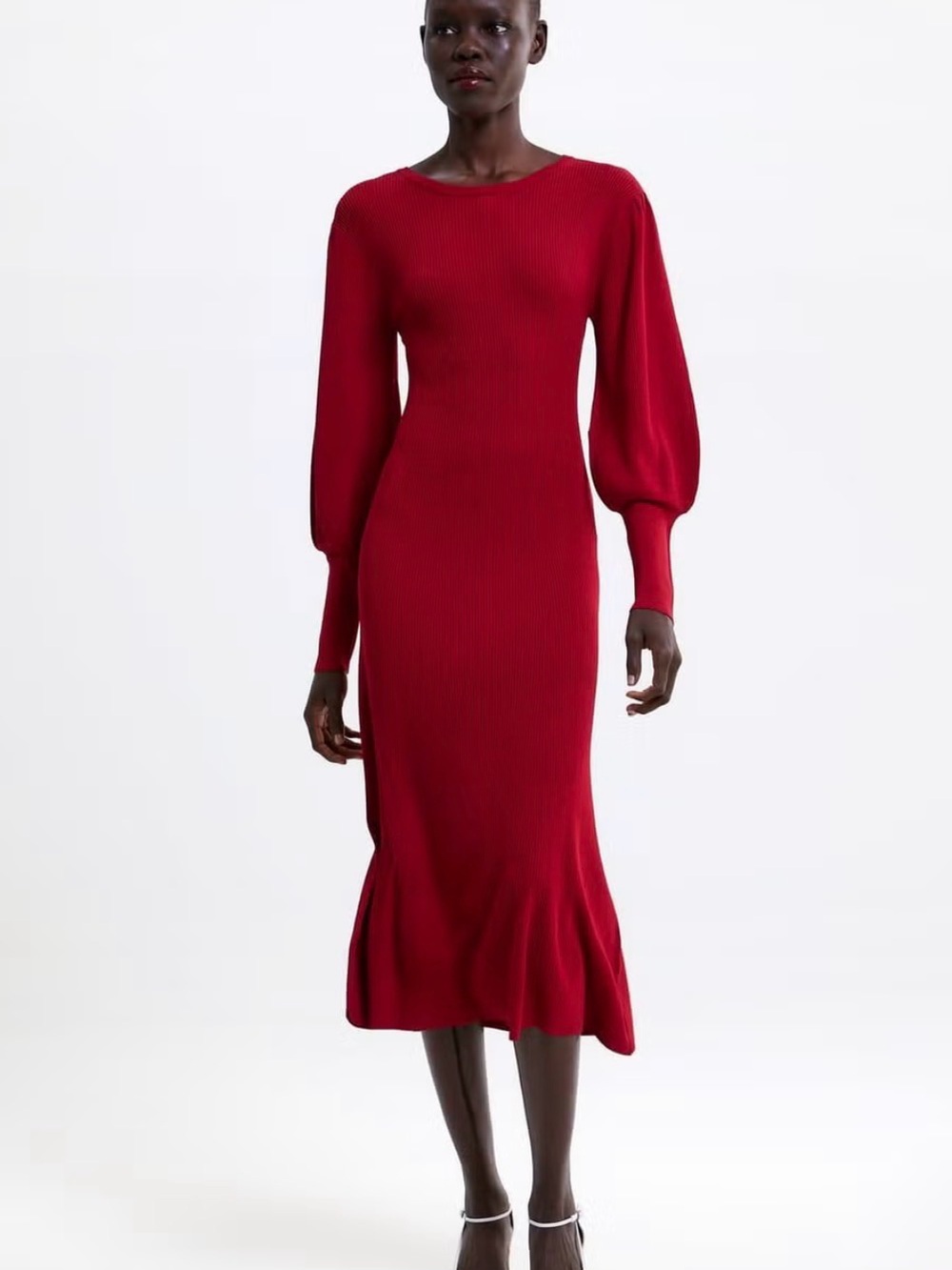 ZARA NWOT Red Knit Midi Dress Size S ASO Kate Middleton Balloon Sleeve Ribbed